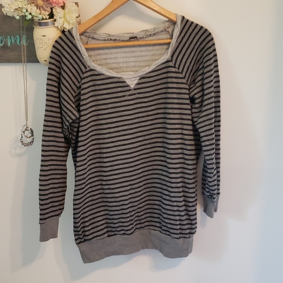 Poof! Tops - 3/$15 Cozy off shoulder sweatshirt. Black and gr…